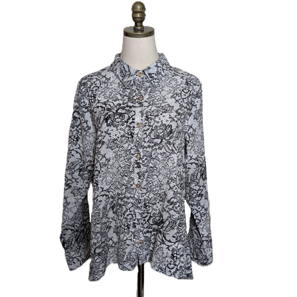 Habitat Floral Long Sleeve Shirt Size L Black White Crush Button Up Collar